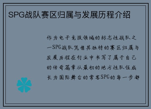 SPG战队赛区归属与发展历程介绍