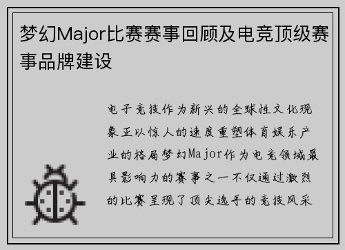 梦幻Major比赛赛事回顾及电竞顶级赛事品牌建设