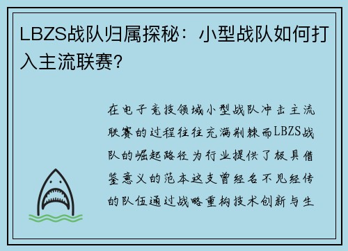 LBZS战队归属探秘：小型战队如何打入主流联赛？