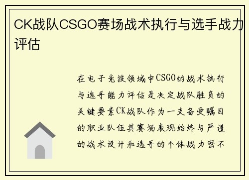 CK战队CSGO赛场战术执行与选手战力评估