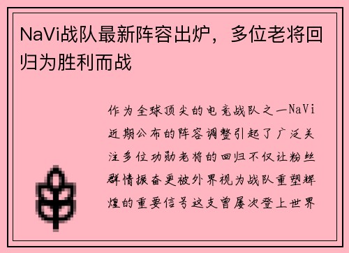 NaVi战队最新阵容出炉，多位老将回归为胜利而战