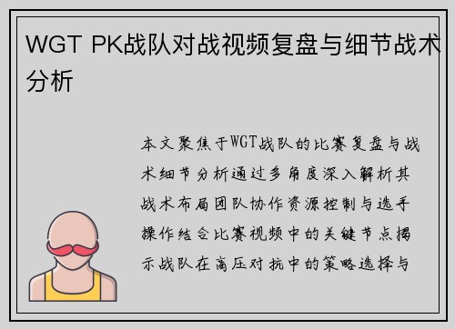 WGT PK战队对战视频复盘与细节战术分析